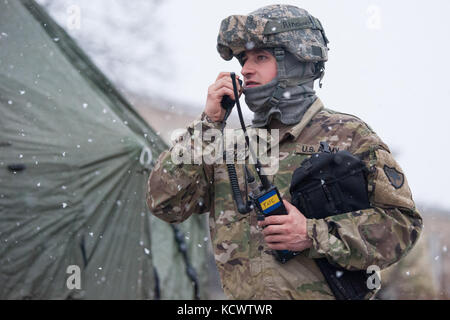 Us-Soldaten der 251. Der Area Support Medical Unternehmen, South Carolina Army National Guard zugewiesen, und der 231St Chemical Company, Maryland Army National Guard, eine Dekontamination und triage Punkt während der US-Armee nach Norden gemeinsame Übung im Rosewood center, Owings Mills, Maryland, 10. März 2017. (U.s. Army National Guard Foto von Sgt. Brian Calhoun, 108 öffentliche Angelegenheiten Abteilung) Stockfoto