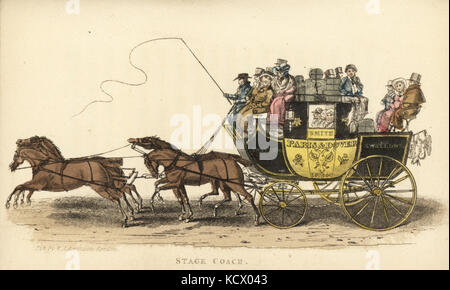 Paris & Dover Stagecoach mit vier Pferden, Kutscher mit Peitsche, Infanteristen, und Passagiere im Inneren des Schlittens und außerhalb. handkoloriert Kupferstich von William Henry pyne der Welt in Miniatur: England, Schottland und Irland, Ackermann, 1827. Stockfoto