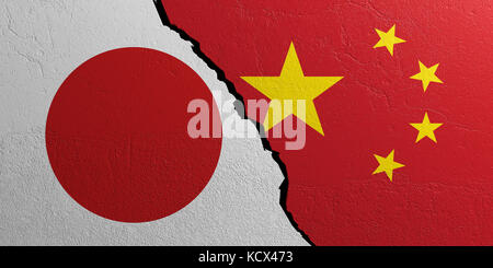 Beziehungen zwischen Japan und China. Fahnen auf verputztem Wandhintergrund. 3D-Abbildung Stockfoto
