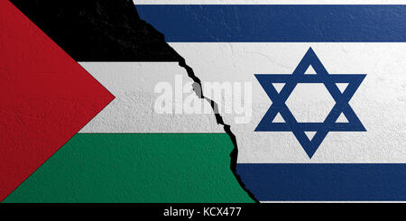 Beziehungen zwischen Palästina und Israel. Fahnen auf verputztem Wandhintergrund. 3D-Abbildung Stockfoto