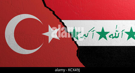Beziehungen zwischen Irak und Türkei. Fahnen auf verputztem Wandhintergrund. 3D-Abbildung Stockfoto