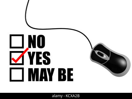 Rotes Häkchen auf Ja Wort mit Maus Stockfoto