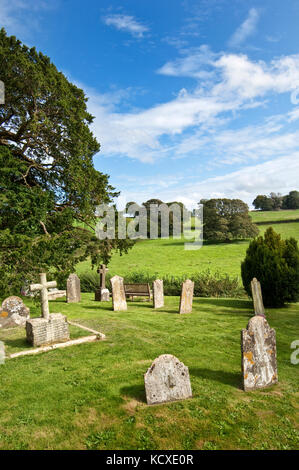 Friedhof in St. Maria, der Jungfrau, Berry Pomeroy, Totnes, Devon, Großbritannien. Sommer. in Hochzeit Szene verwendet, die Ang Lee Sinn und Sinnlichkeit Stockfoto