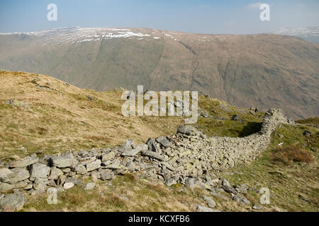 Dove Crag und High Pike vom Gipfel des Heron Pike mit trockener Steinmauer im Vordergrund, Lake District National Park, Großbritannien Stockfoto