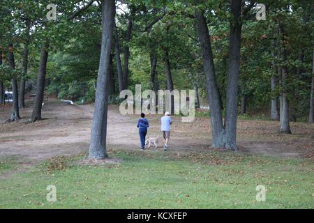 Menschen, die den Tag im Wald auf einem Rad- und Wanderweg mit Familie und Freunden draußen in einem Park genießen, trainieren und trainieren Stockfoto