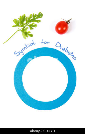 Frisches Gemüse und Blü Circle Papier als Symbol der Welt diabetes Tag und die Bekämpfung von Krankheiten, Konzept der gesunden Ernährung Stockfoto