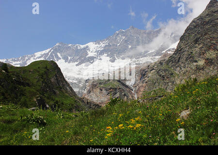 Dom und die umliegenden Berge von Saas Fee und die Almen in Wallis, Schweiz. Stockfoto