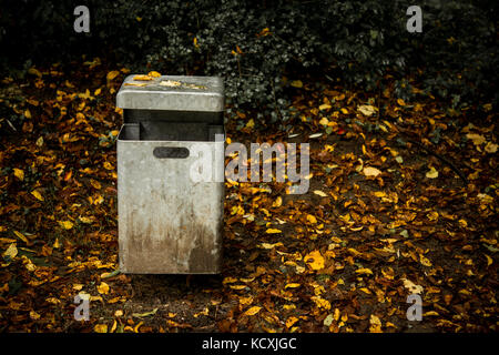 Abfalleimer Mülleimer im Herbst mit Blättern Stockfoto