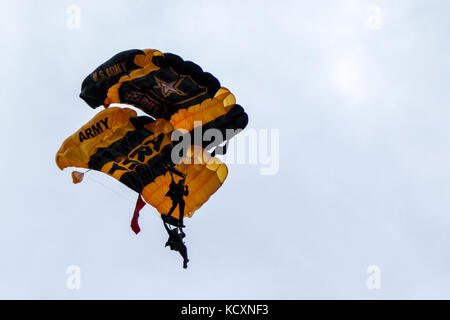 Mitglieder der goldene Ritter Fallschirm Team der US-Armee eine Antenne Demonstration für die Masse, bevor das Spiel Ball vor der Ohio State-Army Spiel Sept. 16, 2017, am Ohio Stadium in Columbus, Ohio. OSU und Armee sahen einander zum ersten Mal in der Geschichte der Schulen und führten zu einem 38-7 Roßkastanie-Sieg. (Ohio National Guard Foto: Staff Sgt. Michael Carden) Stockfoto