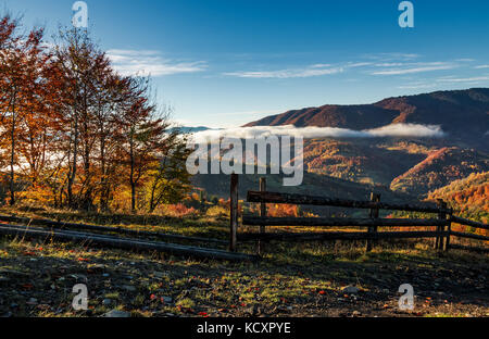 Wunderschönen nebligen Morgen in bergiger Landschaft. schöne Landschaft mit hölzernen Zaun und Bäume mit gelbem Laub auf Hügeln im späten Herbst Stockfoto