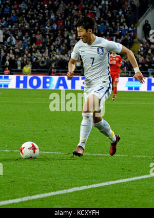 Moskau, Russland - 7. Oktober 2017. Der südkoreanische Mittelfeldspieler Heung-Min Son beim internationalen Freundschaftsspiel Russland gegen Südkorea im Stadion der VEB Arena in Moskau. Quelle: Alizada Studios/Alamy Live News Stockfoto