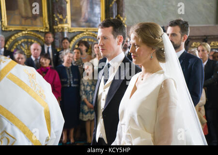 Belgrad, Serbien. 7. Oktober, 2017. Seine Königliche Hoheit Prinz Philip und Danica marinkovic Hochzeit miss wurde statt in der Kathedrale von St. Michael der Erzengel ("saborna crkva") in Belgrad, Serbien, am Samstag, den 7. Oktober 2017. Seine Königliche Hoheit Prinz Philip ist an zweiter Stelle in der Zeile auf den Thron nach dem Erbprinzen Peter. Er ist der Sohn von Seiner Königlichen Hoheit Kronprinz Alexander und Prinzessin Maria da Gloria von Orleans Bragança. danica marinkovic Miss ist eine Tochter der bekannten serbischen Maler Milan marinković. Credit: Zoran boldorac/alamy leben Nachrichten Stockfoto