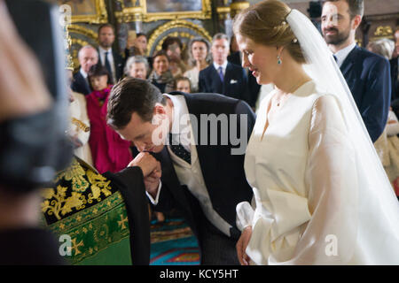 Belgrad, Serbien. 7. Oktober, 2017. Seine Königliche Hoheit Prinz Philip und Danica marinkovic Hochzeit miss wurde statt in der Kathedrale von St. Michael der Erzengel ("saborna crkva") in Belgrad, Serbien, am Samstag, den 7. Oktober 2017. Seine Königliche Hoheit Prinz Philip ist an zweiter Stelle in der Zeile auf den Thron nach dem Erbprinzen Peter. Er ist der Sohn von Seiner Königlichen Hoheit Kronprinz Alexander und Prinzessin Maria da Gloria von Orleans Bragança. danica marinkovic Miss ist eine Tochter der bekannten serbischen Maler Milan marinković. Credit: Zoran boldorac/alamy leben Nachrichten Stockfoto