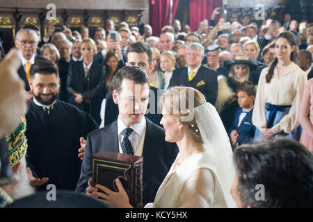 Belgrad, Serbien. 7. Oktober, 2017. Seine Königliche Hoheit Prinz Philip und Danica marinkovic Hochzeit miss wurde statt in der Kathedrale von St. Michael der Erzengel ("saborna crkva") in Belgrad, Serbien, am Samstag, den 7. Oktober 2017. Seine Königliche Hoheit Prinz Philip ist an zweiter Stelle in der Zeile auf den Thron nach dem Erbprinzen Peter. Er ist der Sohn von Seiner Königlichen Hoheit Kronprinz Alexander und Prinzessin Maria da Gloria von Orleans Bragança. danica marinkovic Miss ist eine Tochter der bekannten serbischen Maler Milan marinković. Credit: Zoran boldorac/alamy leben Nachrichten Stockfoto