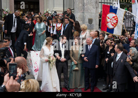 Belgrad, Serbien. 7. Oktober, 2017. Seine Königliche Hoheit Prinz Philip und Danica marinkovic Hochzeit miss wurde statt in der Kathedrale von St. Michael der Erzengel ("saborna crkva") in Belgrad, Serbien, am Samstag, den 7. Oktober 2017. Seine Königliche Hoheit Prinz Philip ist an zweiter Stelle in der Zeile auf den Thron nach dem Erbprinzen Peter. Er ist der Sohn von Seiner Königlichen Hoheit Kronprinz Alexander und Prinzessin Maria da Gloria von Orleans Bragança. danica marinkovic Miss ist eine Tochter der bekannten serbischen Maler Milan marinković. Credit: Zoran boldorac/alamy leben Nachrichten Stockfoto