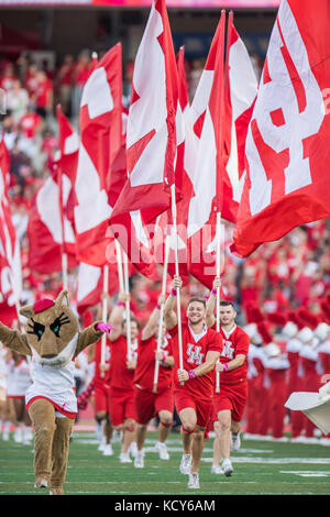 Houston, TX, USA. 7. Okt 2017. Houston Cougars Cheerleadern tragen Schule Flaggen auf dem Feld vor einem NCAA Football Spiel zwischen der SMU Mustangs und der Universität von Houston Cougars bei tdecu Stadion in Houston, TX. Houston gewann das Spiel 35-22. Trask Smith/CSM/Alamy leben Nachrichten Stockfoto