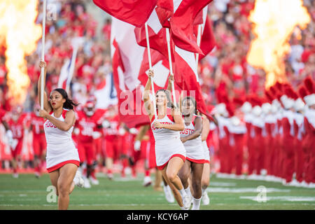 Houston, TX, USA. 7. Okt 2017. Houston Cougars Cheerleadern tragen Schule Flaggen auf dem Feld vor einem NCAA Football Spiel zwischen der SMU Mustangs und der Universität von Houston Cougars bei tdecu Stadion in Houston, TX. Houston gewann das Spiel 35-22. Trask Smith/CSM/Alamy leben Nachrichten Stockfoto