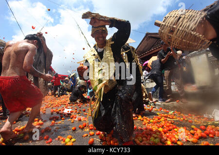 Bandung, Indonesien. Oktober 2017. Die Menschen nehmen am 8. Oktober 2017 an einem Tomatenkrieg im Dorf Bandung in West-Java, Indonesien, Teil. Der Tomatenkrieg ist hier eine Tradition für die Bauern nach der Ernte. Quelle: Banyu Biru/Xinhua/Alamy Live News Stockfoto