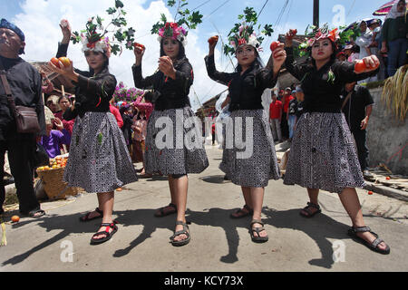 Bandung, Indonesien. Oktober 2017. Frauen posieren vor der Teilnahme an einem Tomatenkrieg im Cikarembi Village in Bandung in West-Java, Indonesien, 8. Oktober 2017. Der Tomatenkrieg ist hier eine Tradition für die Bauern nach der Ernte. Quelle: Banyu Biru/Xinhua/Alamy Live News Stockfoto