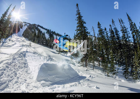 Snowboarder, Freerider das Springen von einem Schnee Rampe in der Sonne auf dem Hintergrund der Wald und die Berge. Stockfoto