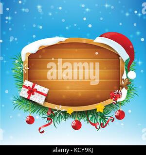 Leere Holzschild mit Santa red hat und im Winter Schnee und Star Light Vektor-illustration eps 10. Stock Vektor