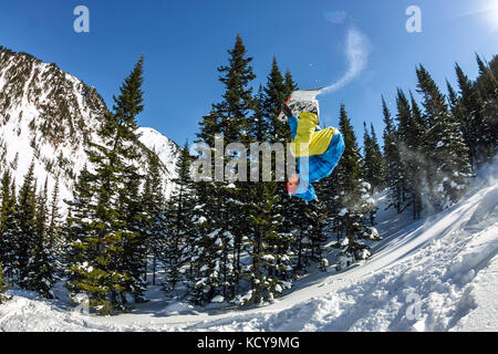 Snowboarder, Freerider das Springen von einem Schnee Rampe in der Sonne auf dem Hintergrund der Wald und die Berge. Stockfoto