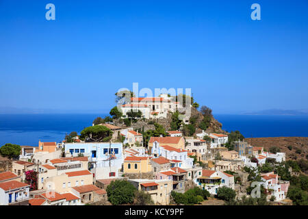 Panoramablick von Ioulida Dorf auf Kea Insel in Griechenland. Stockfoto