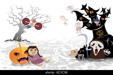 Halloween Hintergrund, unheimlich viele Charakter von Geist, Kürbis mit Silhouette von Baum und Schloss auf Weiß, Vektor, Abbildung Stock Vektor