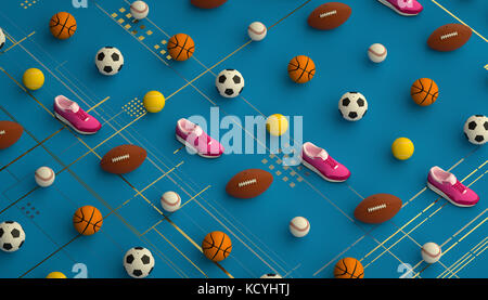 Isometrische Sport Fitness Hintergrund aus Fußball, Fußball, Tennis, Baseball Bälle und bunten laufen Turnschuhe. 3D-Render Abbildung Stockfoto