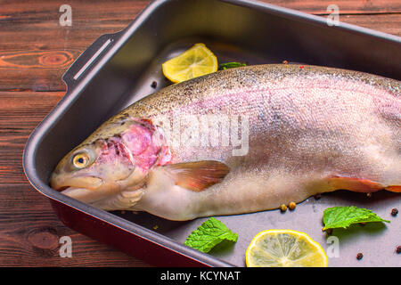 Rohe Forelle in Auflaufform. Stockfoto