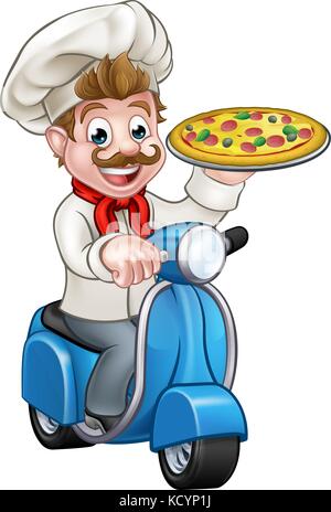 Cartoon Pizza Chef bei Lieferung Moped Scooter Stock Vektor