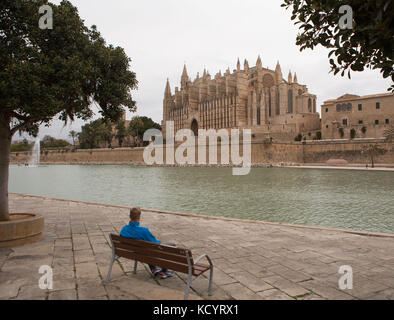 Mann sitzt auf der Bank in der Nähe von Pool, im Hintergrund die Kathedrale von Palma, Palma de Mallorca, Balearen, Spanien. Stockfoto