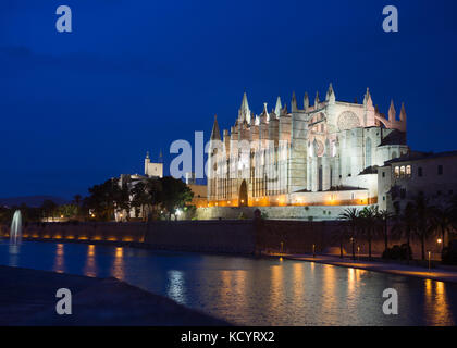 Blick auf die Kathedrale von Palma bei Nacht, Palma, Mallorca, Balearen, Spanien. Stockfoto