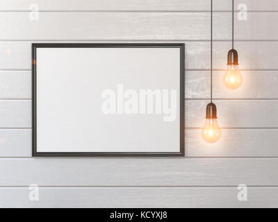 Mock up weiße Leere Poster oder Foto an der Wand und vintage Glühbirnen. 3D-Darstellung Stockfoto