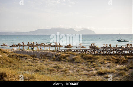 Blick auf die Bucht von Alcudia vom frühen Morgen Can Picafort, Mallorca Stockfoto