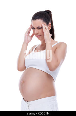 Schwangere Frau in Kopfschmerzen, Schwangerschaft Schmerzen und Depressionen Stockfoto