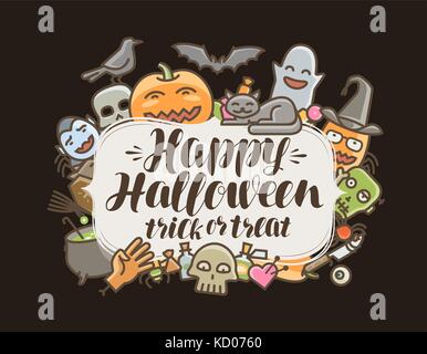 Happy Halloween, Grußkarte oder Banner. Feiertagssymbol. Illustration des Zeichentrickvektors Stock Vektor