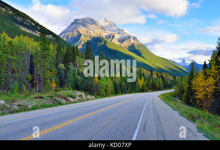 Autobahn durch die kanadischen Rockies entlang des Icefields Parkway zwischen Banff und Jasper Stockfoto