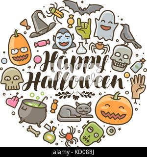 Happy Halloween Grußkarte oder Banner. Feiertagsymbole gesetzt. Illustration des Zeichentrickvektors Stock Vektor