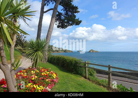 Anzeigen von Tor Bay mit Thatcher Rock auf einem perfekten Sommer am Nachmittag, von dem Gelände der Osborne Hotel, Torquay, oben Meadfoot Beach. Stockfoto