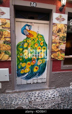 Funchal, Portugal - 14. Juni 2017: berühmte Straße auf Funchal, wo eine Gemeinschaft von Künstlern Urban Art an mehreren Türen gemalt. Stockfoto