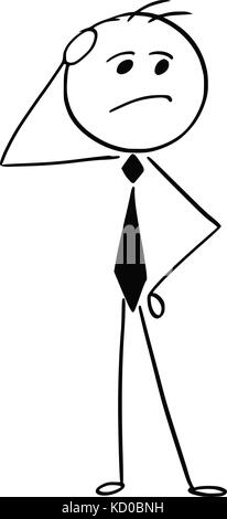 Cartoon stick Mann Abbildung: Geschäftsmann denken über Entscheidung problem Frage. Stock Vektor