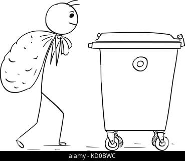 Cartoon stick Mann Abbildung des Menschen tragen große Tasche von Abfällen in die Container throe Müllcontainer zu verschwenden. Stock Vektor