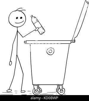 Cartoon stick Mann Abbildung: Mann in Werfen leere Plastikflasche Container zu verschwenden. Stock Vektor