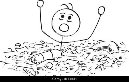 Cartoon stick Mann Abbildung: Mann in Müll Müll Müll Müllkippe ertrinken. Stock Vektor