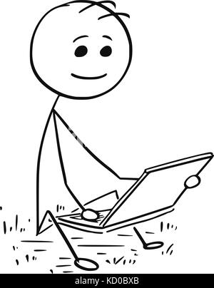 Cartoon stick Mann Abbildung: Junge oder Mann sitzt auf Gras und Arbeiten am Laptop. Stock Vektor