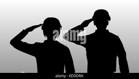 Silhouette schwarz salute Männer und Frauen Soldat Stock Vektor
