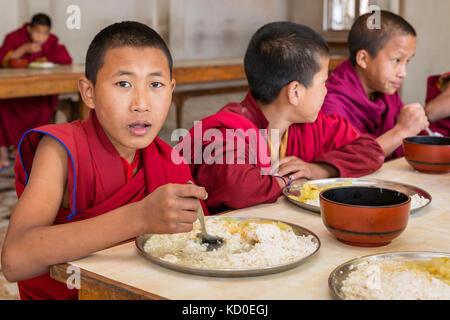 Junge Mönche im Kloster Amitabha Mittagessen, Kathmandu Tal, Kathmandu, Nepal Stockfoto
