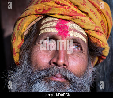 Close-up Portrait eines älteren Sadhu, Pashupatinath Tempel, Kathmandu, Nepal Stockfoto
