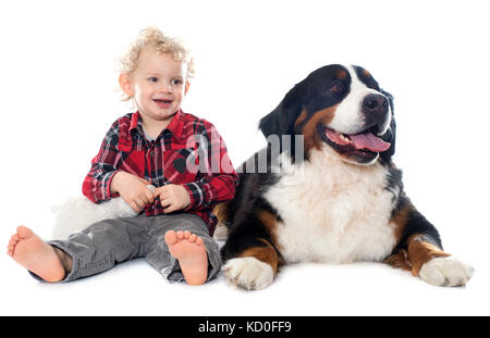 Kleiner Junge und Hund vor weißem Hintergrund Stockfoto